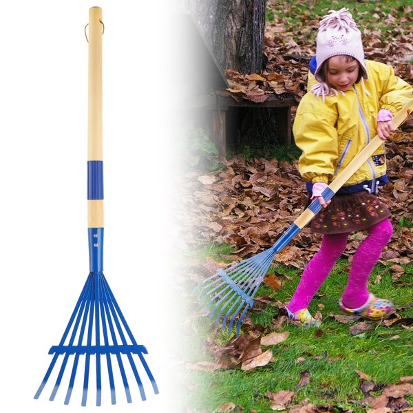 Kids Rakes with Hardwood Handle - Metal Kids Leaves Rakes, 28" Child Size Lawn Rakes with Vibrant Blue Heads, Garden Tool Set for Kids Boys and Girls