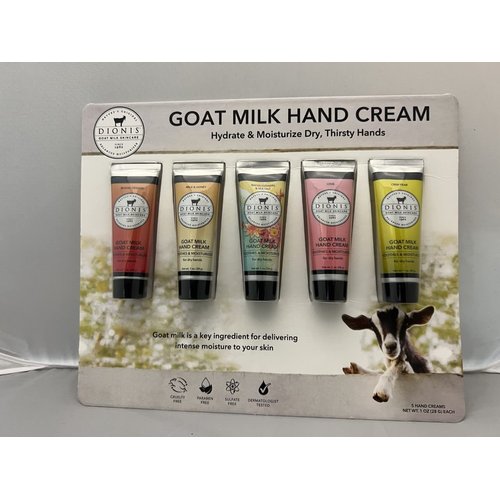 DIONIS Natural Goat Milk Hand Cream, 5-Pack Giftset (Includes Milk and Honey, Lavender Blossom, Blood Orange, Water Flowers and Sea Salt, Vanilla Bean)