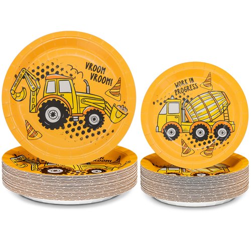 DYLIVeS 100 Pack Construction Birthday Party Plates, Construction Theme Tableware Dump Truck Party Supplies for Appetizer, Dinner for Boys, Disposable Excavator 9'' & 7'' Paper Plates, Serves 50