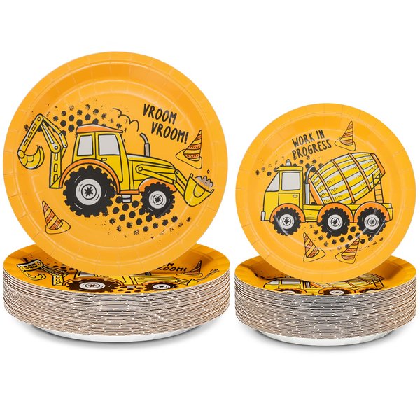 DYLIVeS 100 Pack Construction Birthday Party Plates, Construction Theme Tableware Dump Truck Party Supplies for Appetizer, Dinner for Boys, Disposable Excavator 9'' & 7'' Paper Plates, Serves 50