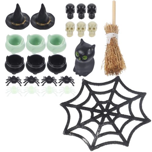IMIKEYA 25PCS/Set Halloween Miniature Ornaments Mini Figurine Fake Spider Halloween Witch Hat Broom Halloween Miniature Dollhouse Accessories DIY Halloween Decor Party Favor