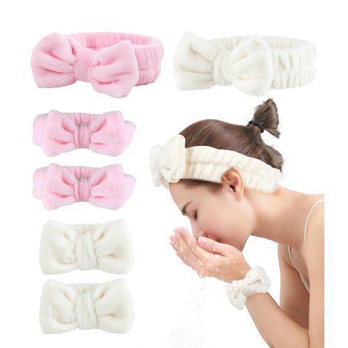 Spa Headband and Wristband Set,Face Wash Spa Headband and Wristband Set, Face Wash Headband Makeup Skincare Headband Wrist Bands Microfiber Wristbands for Women Girls Skin Care-Pink+White