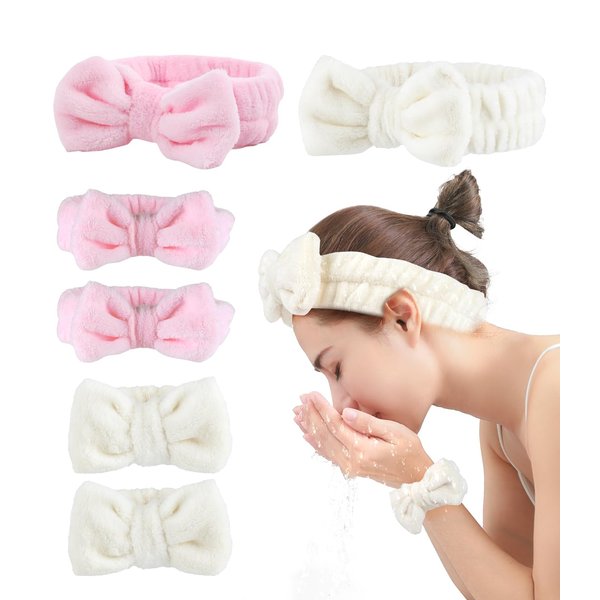 Spa Headband and Wristband Set,Face Wash Spa Headband and Wristband Set, Face Wash Headband Makeup Skincare Headband Wrist Bands Microfiber Wristbands for Women Girls Skin Care-Pink+White