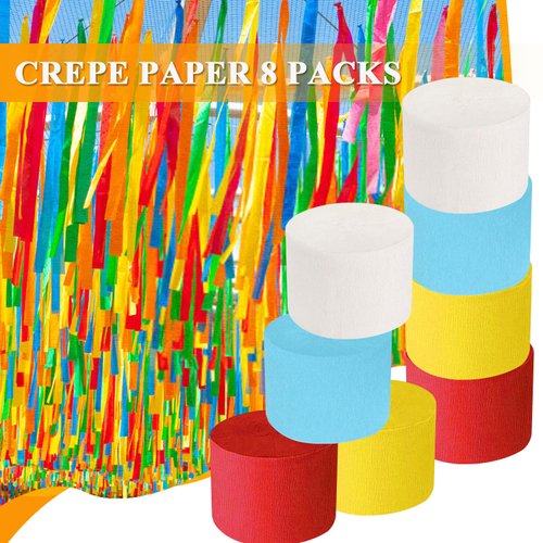 Crepe Paper Streamers 656ft 8 Rolls, Pack of Red, Light Blue, Yellow and White Party Streamers for Birthday Wedding Baby Bridal Shower Decorations Christmas Craft Supplies (1.8 Inch x 82 Ft/Roll)