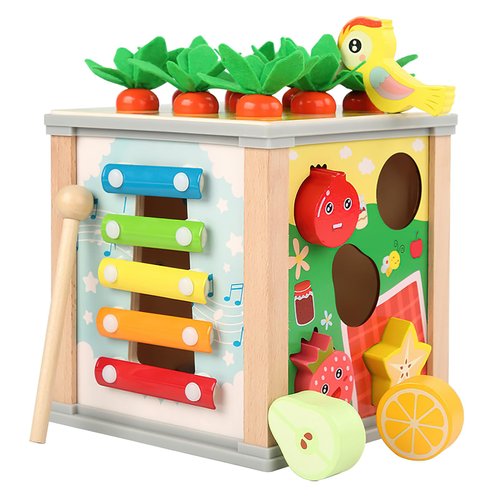 YUMOZER Wooden Activity Cube Toddler Toys, 6 in 1 Montessori Toys for 3year Old Babies, Education Learning Baby Toys with Xylophone, Carrot Harvest,First Birthday Gift for 1-3 Year Old up Boys Girls