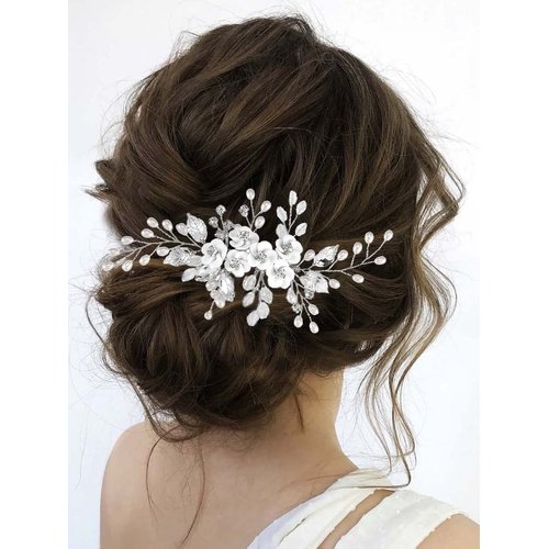 Unicra Flower Bride Wedding Hair Comb Leaf Silver Bridal Headpiece Pearl Hair Accessories Crystal Hair Piece Jewelry for Women and Girls (A Silver)
