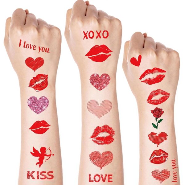 10 Sheets Valentine's Day Tattoo Stickers Red Lips Temporary Tattoos Stickers Heart Art Stickers Love Rose Temporary Stickers Women Girls Face Body Accessories for Valentine Party