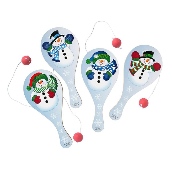 Snowman Paddle Ball Games - Set of 12 - Christmas Toy Game and Stocking Stuffer