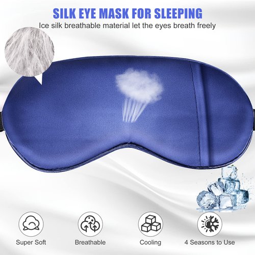 Cavoilu Cooling Sleep Mask w/Gel Eye Mask, Silk Eye Mask for Sleeping, Heated Eye Masks, Blindfold Eye Cover Sleeping Mask for Home Office Travel, Gifts for Men Women, Stocking Stuffers (Blue)