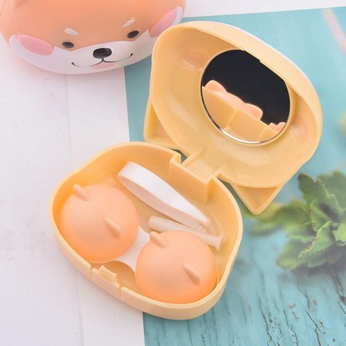 DoyiFun 2 Pcs Cute Dog Contact Lens Case Travel Kit Portable Animal Contact Lens Box Holder Soak Storage Container with Mirror Bottle Tweezers Stick Remover Tool