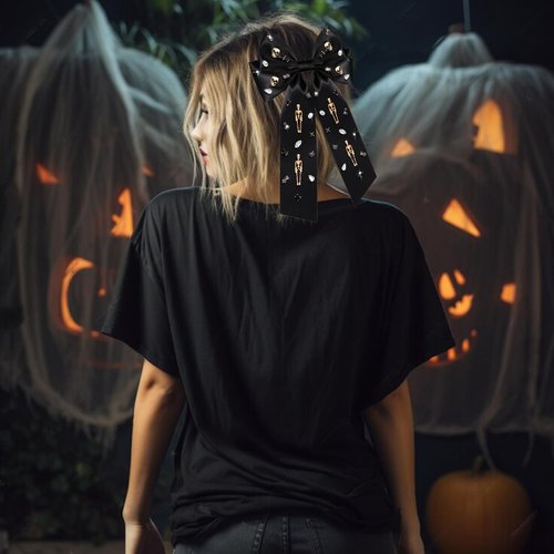 Vokone Halloween Hair Bows for Girls Women Spooky Skeleton Hair Bows Clip Jewel Crystal Halloween Bow Barrette Hair Clip Halloween Costumes Hair Accessories for Women Gold Skeleton