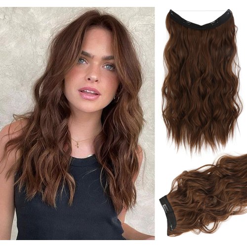 SHANGZI Halo Hair Extensions 24 Inch Invisible Wire Light Brown Hair Extensions Adjustable Long Wavy Hair Extensions Synthetic Upgrade 4 Secure Clips in Hairpieces