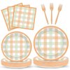 100PCS Thanksgiving Tableware Set Party Decorations Plaid Plates Napkins Forks Dinnerware Set for 25 Guests Disposable Thanksgiving Theme Dinner Plates Full Party Supplies Happy Harvest Dessert Plates