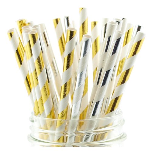 Silver & Gold Shiny Tinsel Holiday Straws (50 Pack) - Formal Christmas Party Supplies, Black Tie Event Paper Foil Straws, Gold & Silver Hollywood Parties