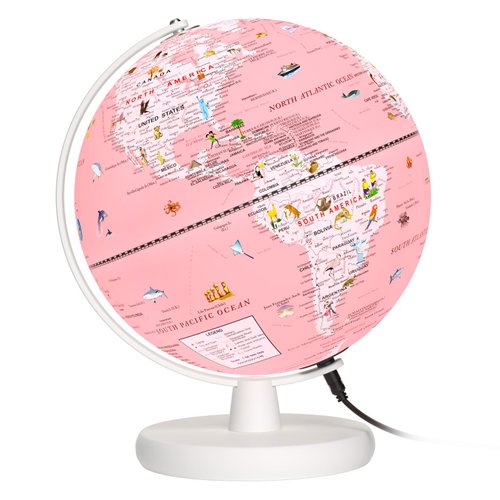 JOWHOL 9'' Illuminated Globe for Children - Wood Stand Kids Globe with 100+ Fun Illustrations - Desk World Globe for Kids Learning Built-in LED Night Light Girls Room Decor Birthday Gifts, Pink