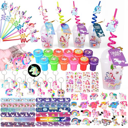 MOVINPE Unicorn Party Favors Personalize Goody Cups with Gift Tags, Filled with Unicorn Themed Reusable Straws Stampers Luminous Keychains Slap Bracelets Hair Clips Rings 3D Stickers