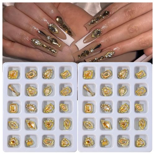40PCS Champagne Gold Luxury Nail Art Rhinestones Kit for Acrylic Nails，Champagne Alloy Nail Charms Nail Decorations，Nail Accessories Nail Jewels for Nail Art Supplies Manicure Making Craft DIY