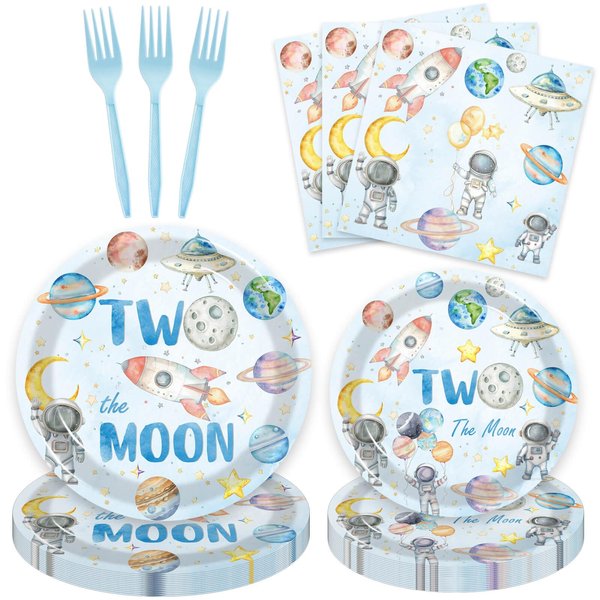 80 Pcs Space 2nd Birthday Party Supplies, Two the Moon Plates Napkins Forks Tableware Kit for Outer Space Man Galaxy Astronaut Theme Boys 2nd Birthday Party Supplies Decorations-20 guests