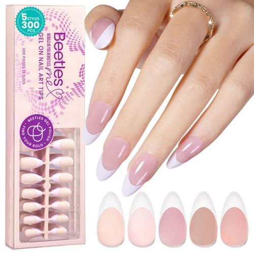 Beetles Pre-French Tips- 300Pcs in 5 Colors, 15 Sizes Gel Nail Tips French Tip Press on Nails Medium Almond Pre-shaped & Nude Pink Pre-colored Soft Tips False Nails DIY Nail Extensiond