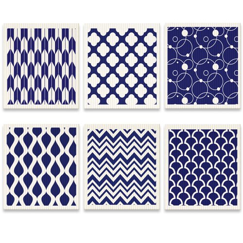 Patelai 6 Pieces Swedish Kitchen Dish Towels Kitchen Cloths Reusable Sponge Cleaning Cloths Absorbent Dish Cloth No Odor Hand Towel Quick Drying Washable Cleaning Wipes (Navy Geometry Style)