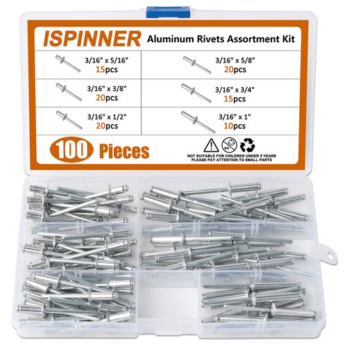 ISPINNER 100pcs 6 Sizes Aluminum Blind Rivets, Pop Rivets Assortment Kit 3/16" x (5/16" 3/8" 1/2" 5/8" 3/4" 1")(Silver)