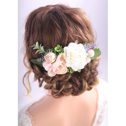 Kercisbeauty Pink and White Cute Hair Comb for Prom Girl, Wedding Brides, Bridesmaids, Floral Headpiece, Flower Headband Handmade Soft Headband, Plastic, Black, One Size