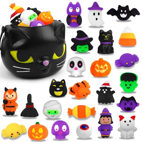 YUJUN 24PCS Halloween Mochi Squishy Toys with Black Cauldron,Kawaii Squishies Mini Stress Relief ...