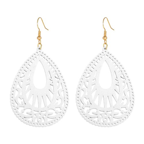 MALOYANVE Bohemian Wood Earrings for Women Girls Handmade Natural Retro Lightweight Teardrop Geometric Hollow Wooden African Dangle Drop Geometric Statement Earrings Boho Vintage Ethnic (White)