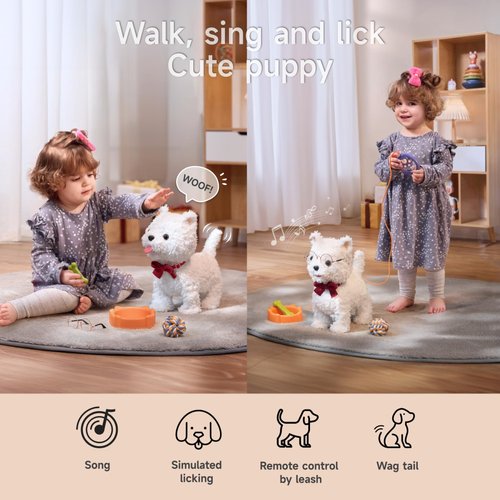 TUMAMA Walking Plush Puppy Toy Dog, Remote Control and Voice Control Interactive Dog Toy with Barking, Tongue Licking, Tail Wagging, Birthday for 3 4 5 6 7 Years Old Boys Girls Kids