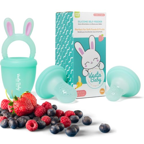 Vesta Baby Fruit Feeder - 2 Sizes Soft Silicone Freezable Fresh Food Nibbler for Safe Infant Self Feeding - Solid Foods Weaning Pacifier & Teether Set - Bunny Teething Relief Toy for Babies 4M+
