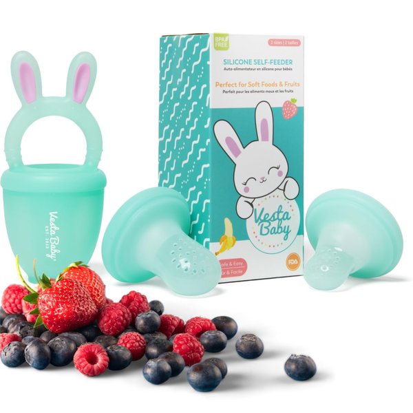 Vesta Baby Fruit Feeder - 2 Sizes Soft Silicone Freezable Fresh Food Nibbler for Safe Infant Self Feeding - Solid Foods Weaning Pacifier & Teether Set - Bunny Teething Relief Toy for Babies 4M+