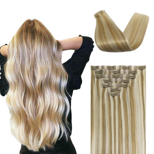 FUOTONBUTY Clip in Hair Real Human Hair Double Stitched 7pcs Caramel Blonde to Bleach Blonde Human Hair Clip in Extension Seamless Clip in Hair Extensions 90g Invisible Clip in Hair Extensions 24 Inch