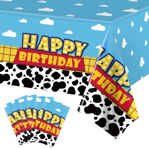 6 Pack Cartoon Story Birthday Party Supplies Cow Pattern Printed Table Cover Blue Sky and White Cloud Tablecloths Cow Birthday Party Decoration for Boy Girl Kid Birthday Party Decor 54 x 108 inch