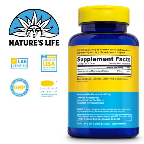 Nature's Life Renewing Magnesium Malate 200 mg - Once Daily Magnesium Supplement for Muscle and Nerve Function, Heart Health, Bone Support - Maximum Absorption, 60-Day Guarantee, 100 Serv, 100 Tablets