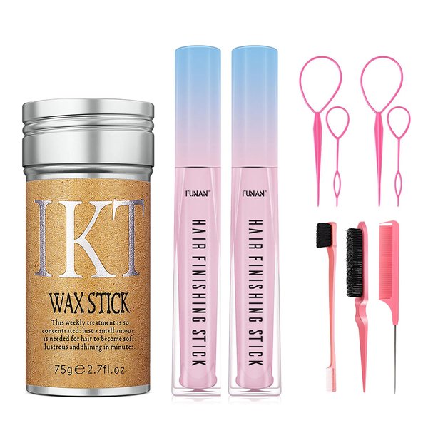 PasaRose Hair Wax Stick for Flyaways,Hair Finishing Stick Set for Long-Lasting Fixed Hair Styling,Slick Back Hair Brush Set-Edge Brush Rat Tail Comb Bristle Hair Brush,Topsy Hair Tail Tool-10 Pcs