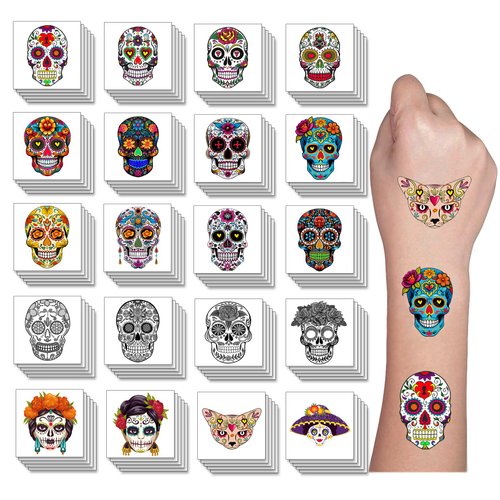 Y&C TENCOB 100 PCS Mexican Day Of The Dead Sugar Skull Temporary Tattoos Sticker for Kids Men Women(Day of the Dead)