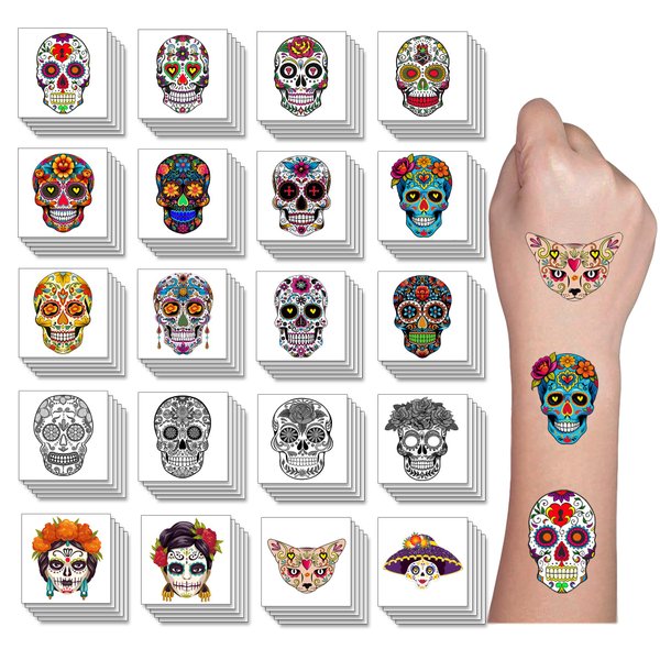 Y&C TENCOB 100 PCS Mexican Day Of The Dead Sugar Skull Temporary Tattoos Sticker for Kids Men Women(Day of the Dead)