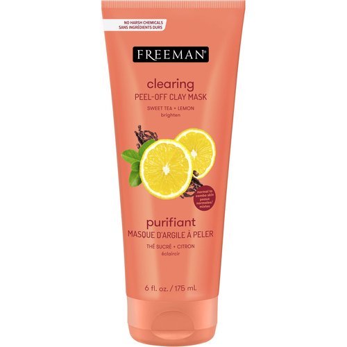 Freeman Clearing Peel-Off Clay Mask, Brightening & Toning Facial Mask, Tea & Lemon Help Even Skin, Antioxidant Rich, Clay Face Mask For Breakouts, Cruelty-Free & Vegan, 6 fl. oz./175 ml Tube, 1 Count