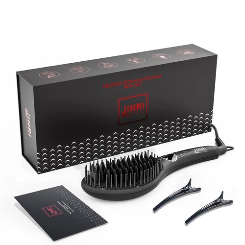 JINRI Hair Straightener Brush - Upgraded Ionic Plus Straightening Brush with Dense Bristles, 8 Temps, Dual Voltage, Heat Brush Straightener for Women, Flat Iron Comb for Thick Curly Hair