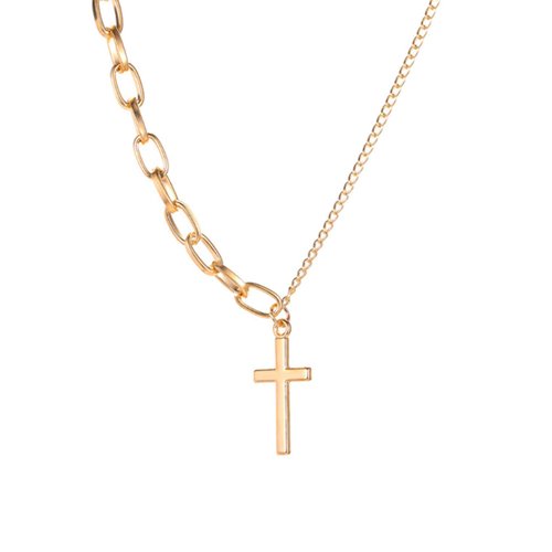 YienDoo Simple Cross Necklace Asymmetric Chain Cross Pendant Necklace Paperclip Chain Fashion Jewelry for Women (Gold)