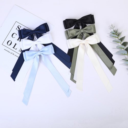 Satin Bow Hair Clips for Women, Silkly Satin Black Beige Hair Ribbon Bow with Long Tail Hair Accessories for Girls (Black Beige)