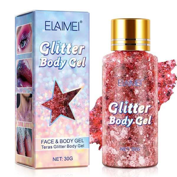 Body Glitter Gel, Face Glitter Body Gel Singer Concerts Music Festival Outfits for Women Chunky Glitter for Eye Lip Hair Nails Sparkling Holographic Gel (Pink)