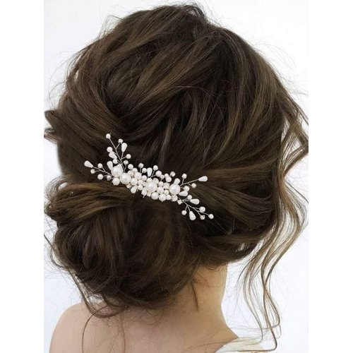 Brishow Pearl Bride Wedding Hair Comb Silver Rhinestone Hair Accessories Crystal Bridal Hair Pieces for Women and Girls