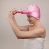 Aria Beauty Very Necessary Satin Hair Towel - Soft Microfiber Hair Wrap - Turban-Style with Button Closure - Gentle on All Hair Types - Pink - 1 pc