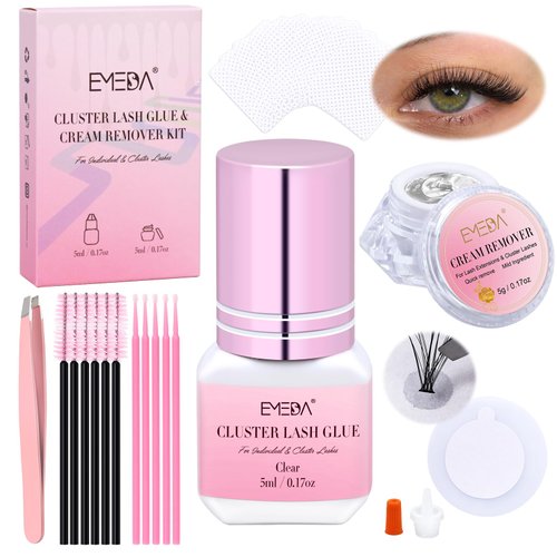 EMEDA Lash Cluster Glue Kit Long Lasting 4-7 Days, Strong Hold/Waterproof/Latex Free/Eyelash Clusters Glue for DlY individual Lash Extensions with RemoverTools (5m Clear-Glue Kit)