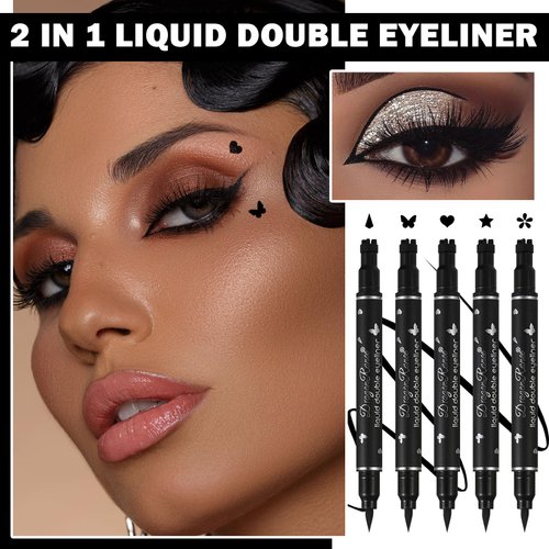 DuoZeng 5 PCS Black Liquid Winged Eyeliner Stamp Pen Makeup Tools,Double-side Eyeliner Stamps Pencil Set,Waterproof & Long Lasting Smudgeproof Eye Liner Stencil Tattoo Pens for Women