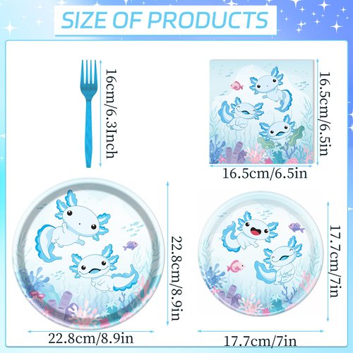 Rakuto Blue Axolotl Birthday Decorations - 96PCS Axolotl Party Plates and Napkins Forks Decor Supplies Disposable Paper Axolotl Party Tableware Cute Cartoon Axolotl Baby Shower Decoration Kids Boys