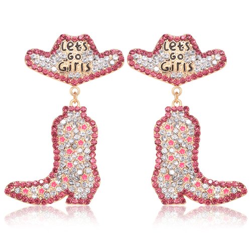 Cowgirl Boot Hat Earrings Bling Rhinestone Let's Go Girls Western Dangle Earrings for Women Girls Vacation Travel Drop Dangling Earrings (hot pink)