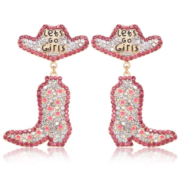 Cowgirl Boot Hat Earrings Bling Rhinestone Let's Go Girls Western Dangle Earrings for Women Girls Vacation Travel Drop Dangling Earrings (hot pink)