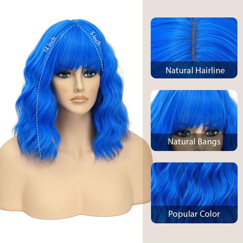 LOSMOEER Blue Wig with Bangs Short Wavy Wigs for Women Shoulder Length Curly Bob Wigs Heat Resistant Synthetic Wigs for Halloween Cosplay Daily Party Use